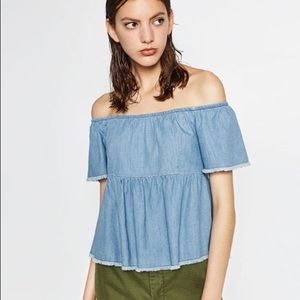 Zara denim frayed chambray top